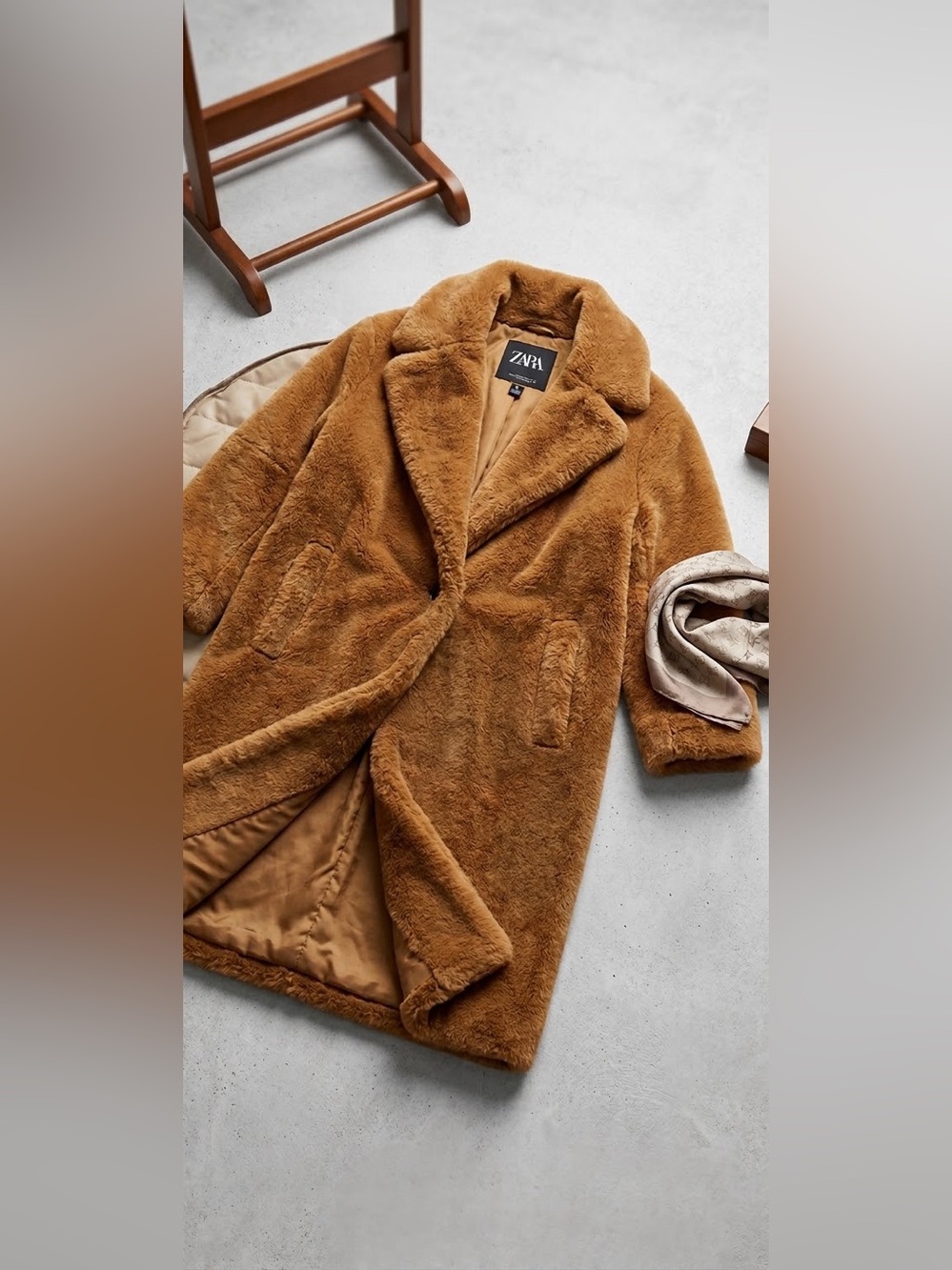 Zara Teddy Faux Fur Long Coat in Camel Brown
